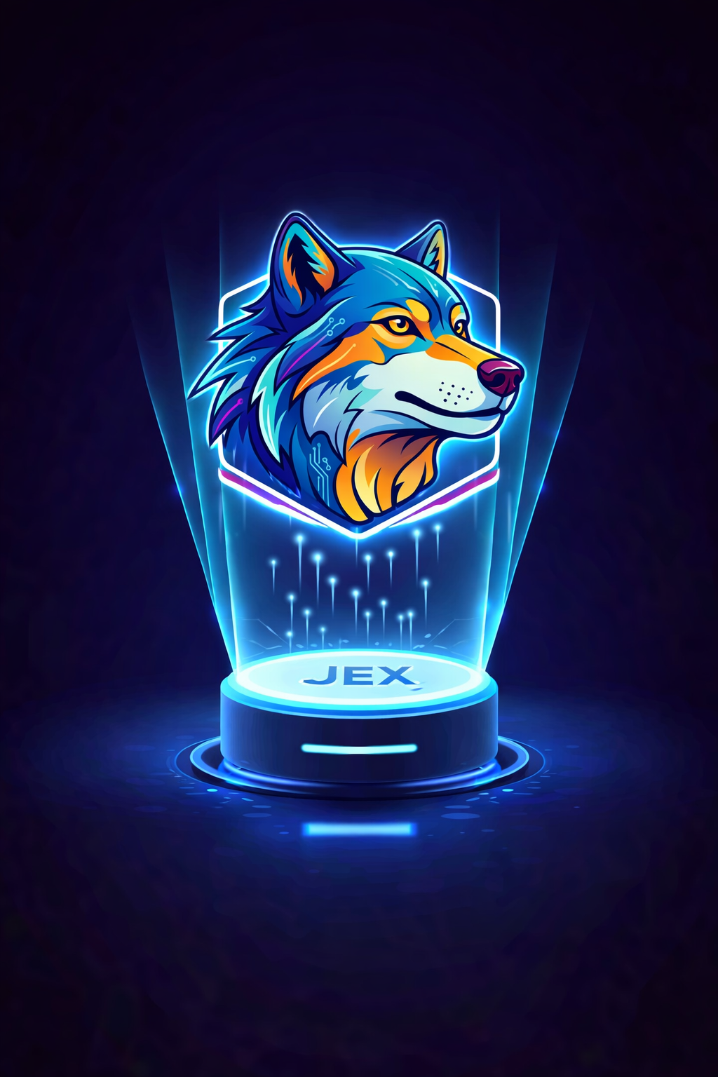 Jex futuristic digital assistant above glowing platform